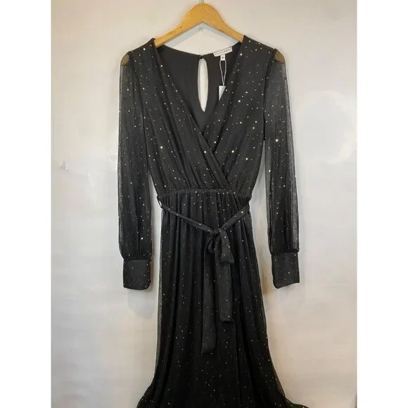 Baltic Born Abigail Sparkle Gown Black Gold Sequins Semi Sheer V Neck Medium New - Picture 5 of 14